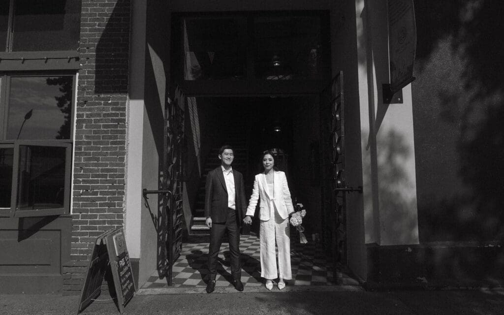 A black and white image of a couple taken during engagement sessions vancouver island 