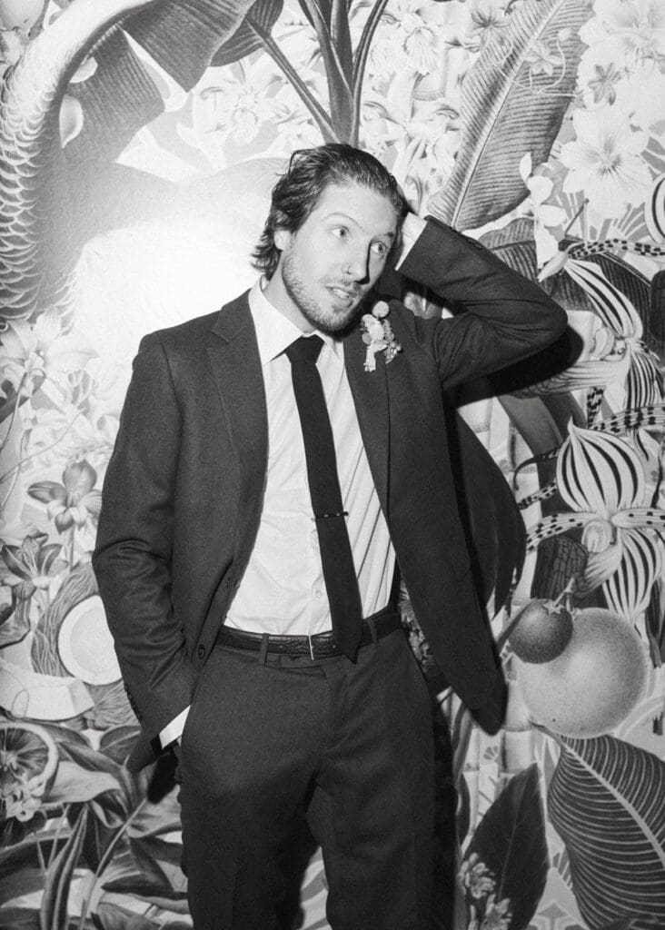 victoria bc wedding photography captures a b+w image of a groom before his wedding 