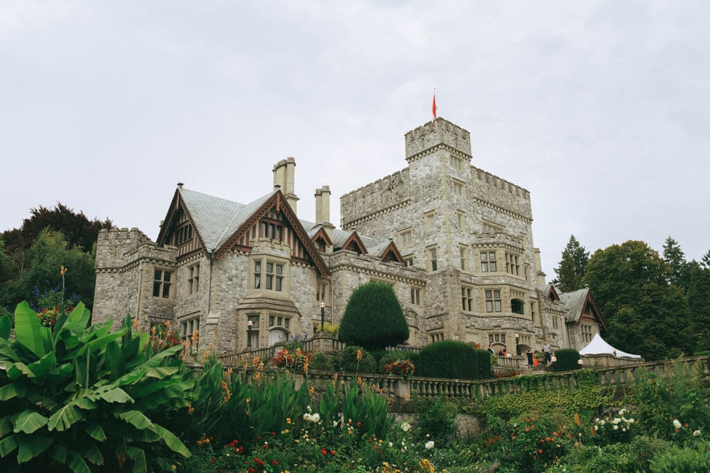 Hatley Castle, a wedding venue in victoria bc, is photographed from afar