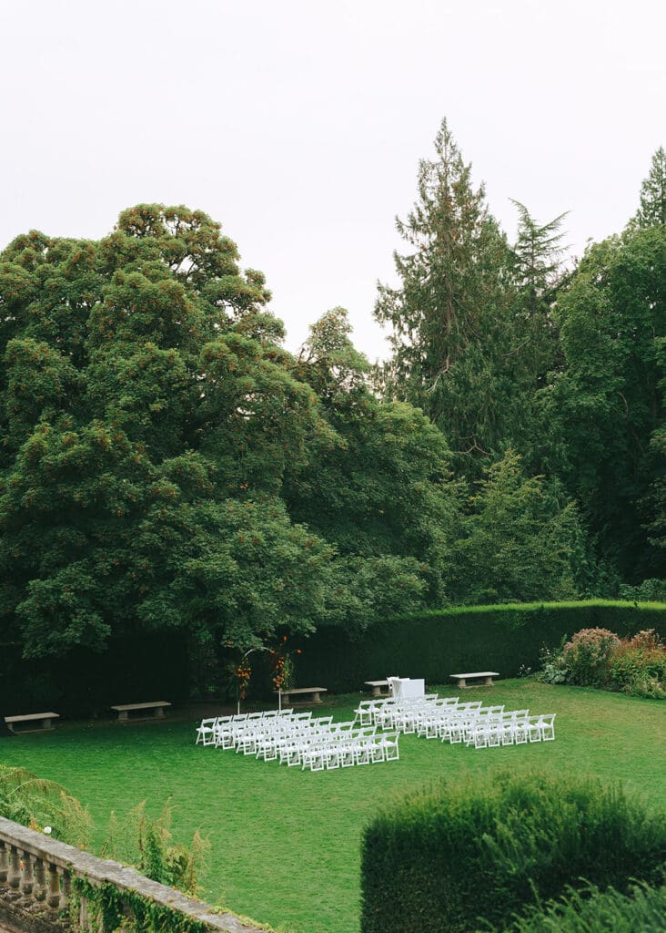 The ceremony area at a Hatley Castle wedding is photographed 
