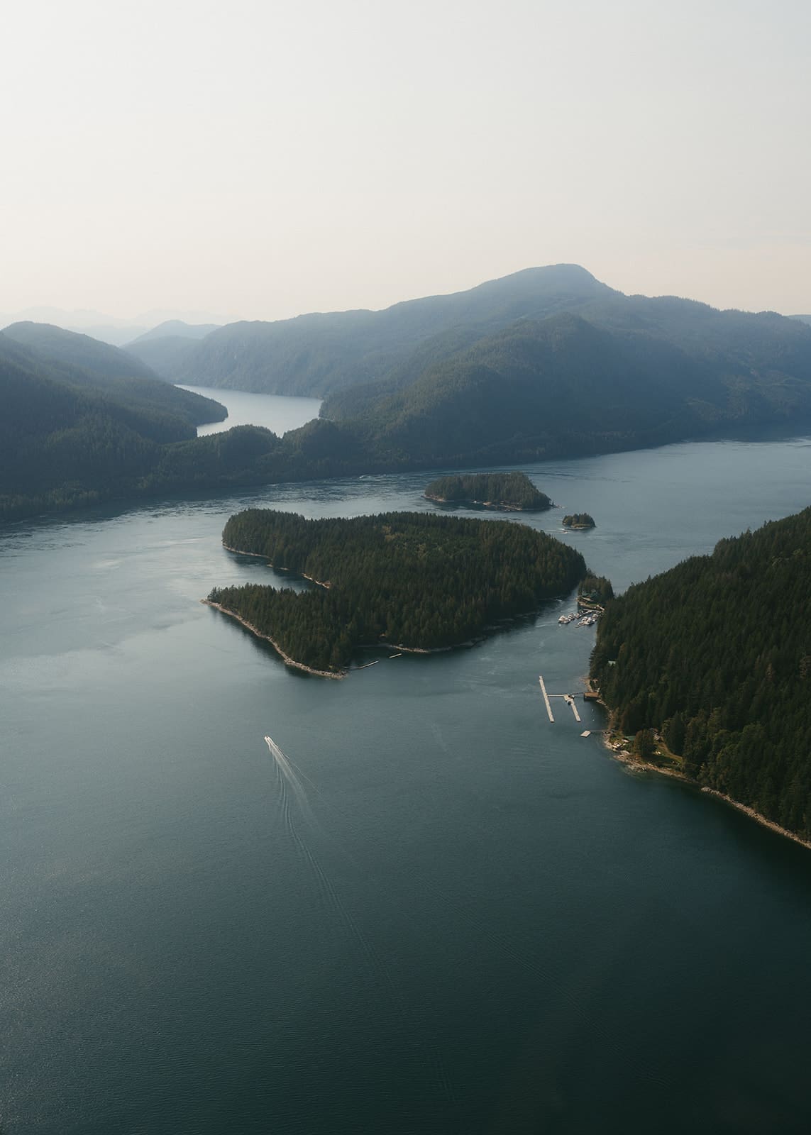 aerial view of the water and forest dense mountains in Vancouver Island