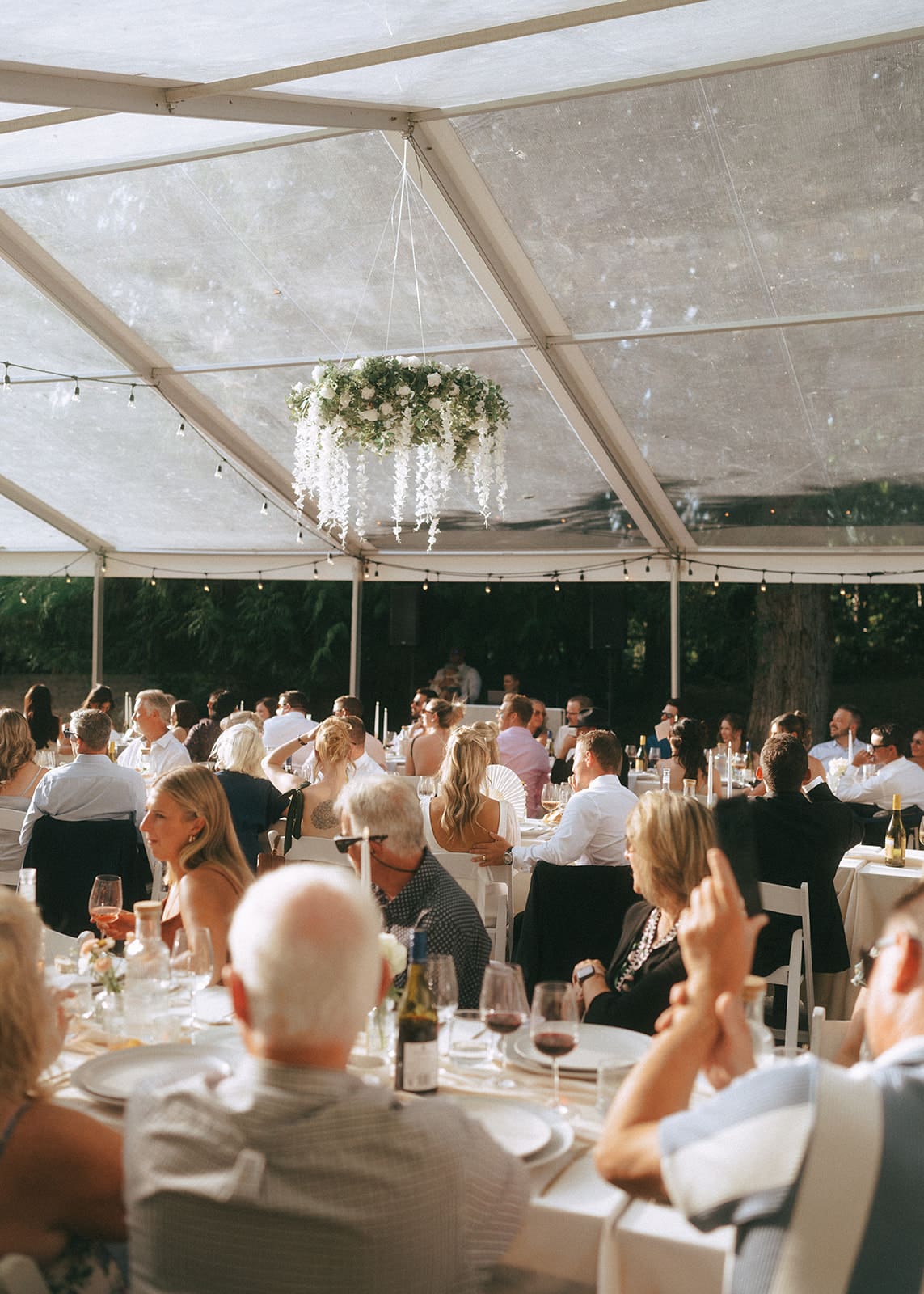 Forest tent reception at outdoor vancouver island wedding venue